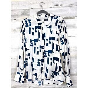 ECRU Womens XL White Blue Abstract Silk Button Up Shirt Work Evening Dress NWT